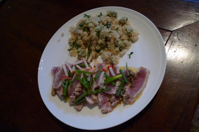 Tuna Carpaccio with broadbean and preserved lemon quinoa salad